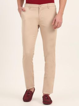 JadeBlue - Men Beige Cotton Blend Solid Super Slim Fit Trouser