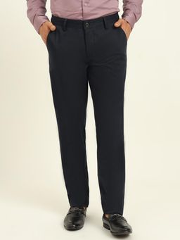 JadeBlue - Men Navy Blue Cotton Blend Solid Slim Fit Trouser