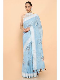 Soch - Women Blue Linen Floral Saree with Unstitched Blouse