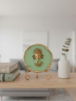 Homearte - Green Agate Metal Ganesha Showpiece with Metal Stand