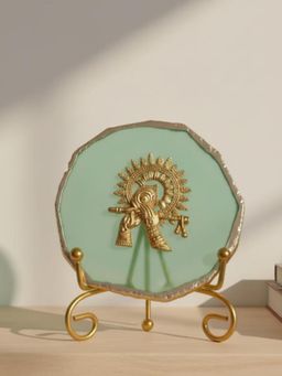 Homearte - Green Agate Metal Krishna Showpiece with Metal Stand