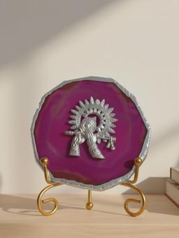 Homearte - Pink Agate Silver Metal Krishna Showpiece with Metal Stand