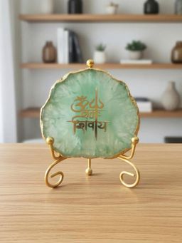 Homearte - Green Agate Om Namah Shivay Showpiece with Metal Stand