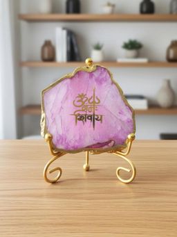 Homearte - Pink Agate Om Namah Shivay Showpiece with Metal Stand