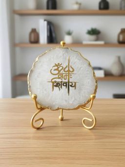 Homearte - White Agate Om Namah Shivay Showpiece with Metal Stand