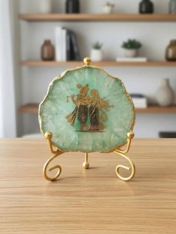 Homearte - Green Agate Radha Krishna Showpiece with Metal Stand
