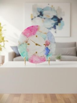 Homearte - Round Multi-Color Agate & White Marble Big Desk Clock with Metal Stand