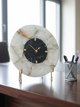 Homearte - Round White Agate & Green Marble Big Desk Clock with Metal Stand