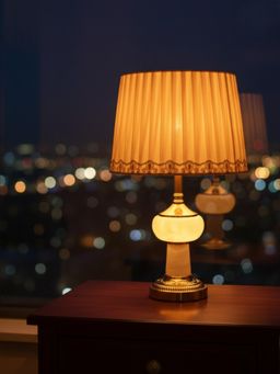 ELARE - Pleated Fabric Shade Elegant Bedside Marble & Metal Base Table Lamp