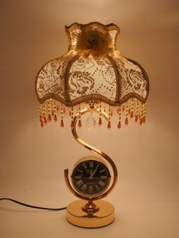 ELARE - Built-in Clock & Embroidered Fringe Shade Luxury Vintage Table Lamp