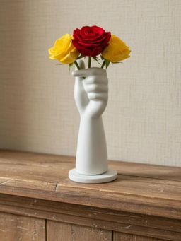 Homearte - White Marble Base White Hand Flower Pot Showpiece