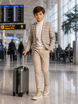 Kids Island - Beige Polyester Stripes Full Sleeves Notched Lapel Blazer