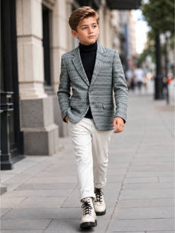Kids Island - Green Polyester Stripes Full Sleeves Notched Lapel Blazer