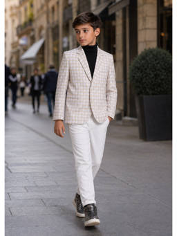 Kids Island - Beige Polyester Checks Full Sleeves Notched Lapel Blazer
