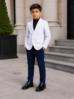Kids Island - Blue Polyester Stripes Full Sleeves Notched Lapel Blazer