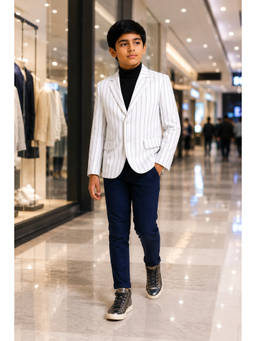 Kids Island - White Polyester Stripes Full Sleeves Notched Lapel Blazer