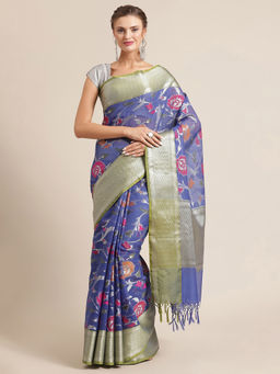 Banarasi Silk Works - Kota Check Woven Saree Blue with Unstitched Blouse