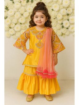 The Little Tales - Embroidered Mustard Kurta sharara set With Net Dupatta