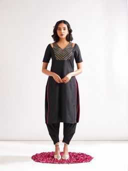 Abhishti - Shoulder Cut-Out Kurta Yoke with Side Pleated Pant - Rich Black (Set of 2)