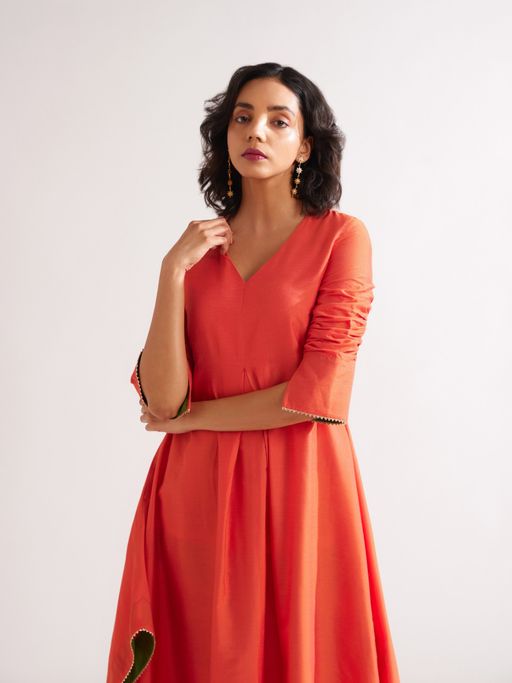 Buy Abhishti Inverted Box Pleat Flare Dress Spicy Orange Online - Main Image