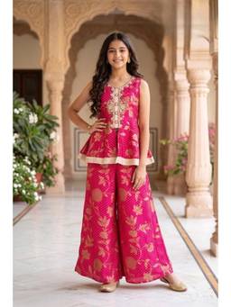 PINK LEAF - Girls' Rani Gold-Printed Front-Slit Peplum & Palazzo