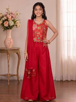 PINK LEAF - Girls' Red Printed Halter Top & Solid Palazzo Set with Dupatta