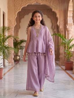PINK LEAF - Girls' Lavender Embellished Halter Peplum & Palazzo Set with Dupatta