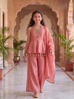 PINK LEAF - Girls' Pink Embellished Halter Peplum & Palazzo with Dupatta