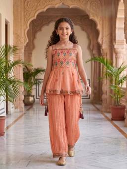 PINK LEAF - Peach Embroidered Peplum Kurti & Crushed Pant Set