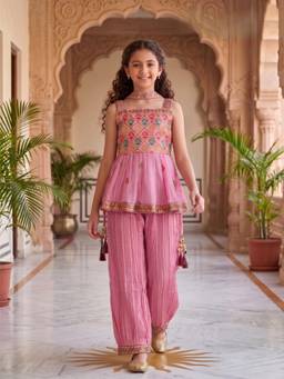PINK LEAF - Pink Embroidered Peplum Kurti & Crushed Pant Set