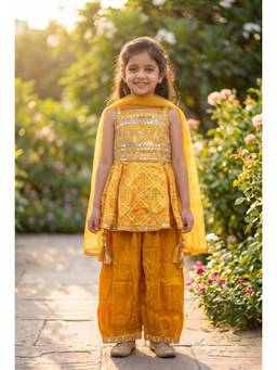 PINK LEAF - Yellow Mirror-Work Peplum Kurti & Salwar Set