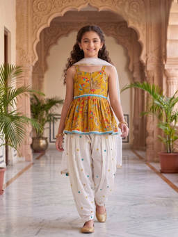 PINK LEAF - Mustard Floral Peplum Top & Dhoti Pant Set