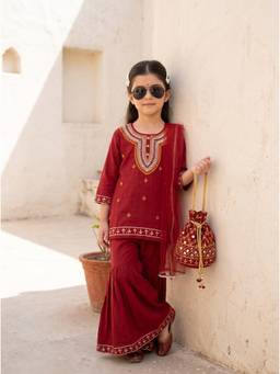 Bella Moda - Girls Traditional Embroidered Kurta Sharara Set with Dupatta