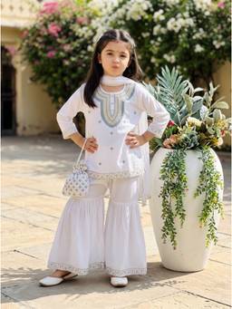 Bella Moda - Girls Traditional Embroidered Kurta Sharara Set with Dupatta