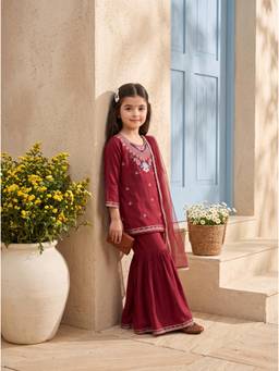Bella Moda - Girls Traditional Embroidered Kurta Sharara Set with Dupatta