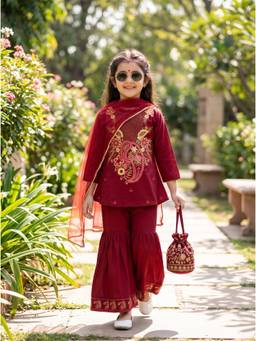 Bella Moda - Girls Traditional Embroidered Kurta Sharara Set with Dupatta