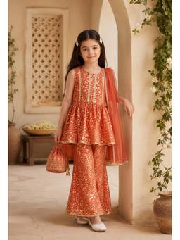 Bella Moda - Girls Gold Printed Ethnic Peplum Top with Sharara Pants and Dupatta