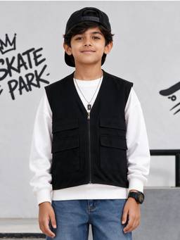 KiddoPanti - Boys Fleece Solid Sleeveless Zip Front Utility Cargo Jacket with Flap