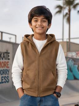 KiddoPanti - Boys Cotton Fleece Solid Sleeveless Zip Front Hoodie