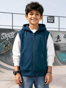 KiddoPanti - Boys Cotton Fleece Solid Sleeveless Zip Front Hoodie