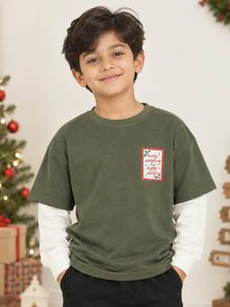 KiddoPanti - Boys and Girls Cotton Blend Doctor Sleeve Merry Christmas T-Shirt