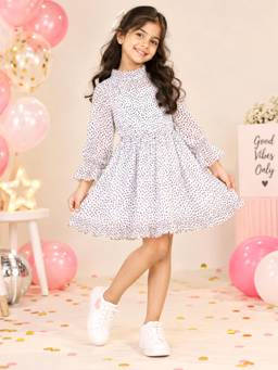 KiddoPanti - Girls Georgette Full Sleeve Polka Dot Printed Party Dress