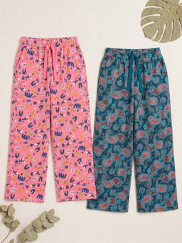 KiddoPanti - Girls Cotton Abstract Doodle and Paisley Wide Leg Pyjama Pants Pack of 2
