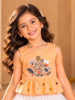 KiddoPanti - Girls Cotton Knit Floral Print Sleeveless Peplum Top