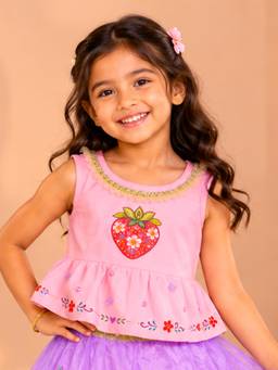 KiddoPanti - Girls Cotton Knit Strawberry Floral Print Sleeveless Peplum Top