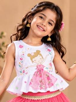 KiddoPanti - Girls Cotton Knit Ballerina 3D Net Applique Sleeveless Peplum Top