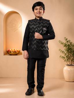 BT DEZINES - Boys Black Cotton Silk Oval Sequined Kurta Pyjama & Waistcoat