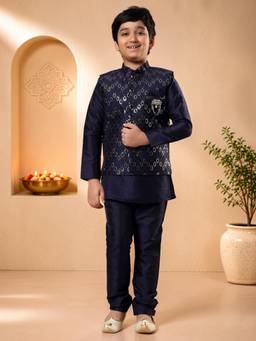 BT DEZINES - Boys Navy Blue Cotton Silk Oval Sequined Kurta Pyjama & Waistcoat