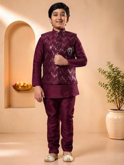 BT DEZINES - Boys Wine Cotton Silk Oval Sequined Kurta Pyjama & Waistcoat