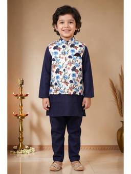 BT DEZINES - Boys Navy Blue Cotton Blend Kurta Pyjama With Floral Print Waistcoat